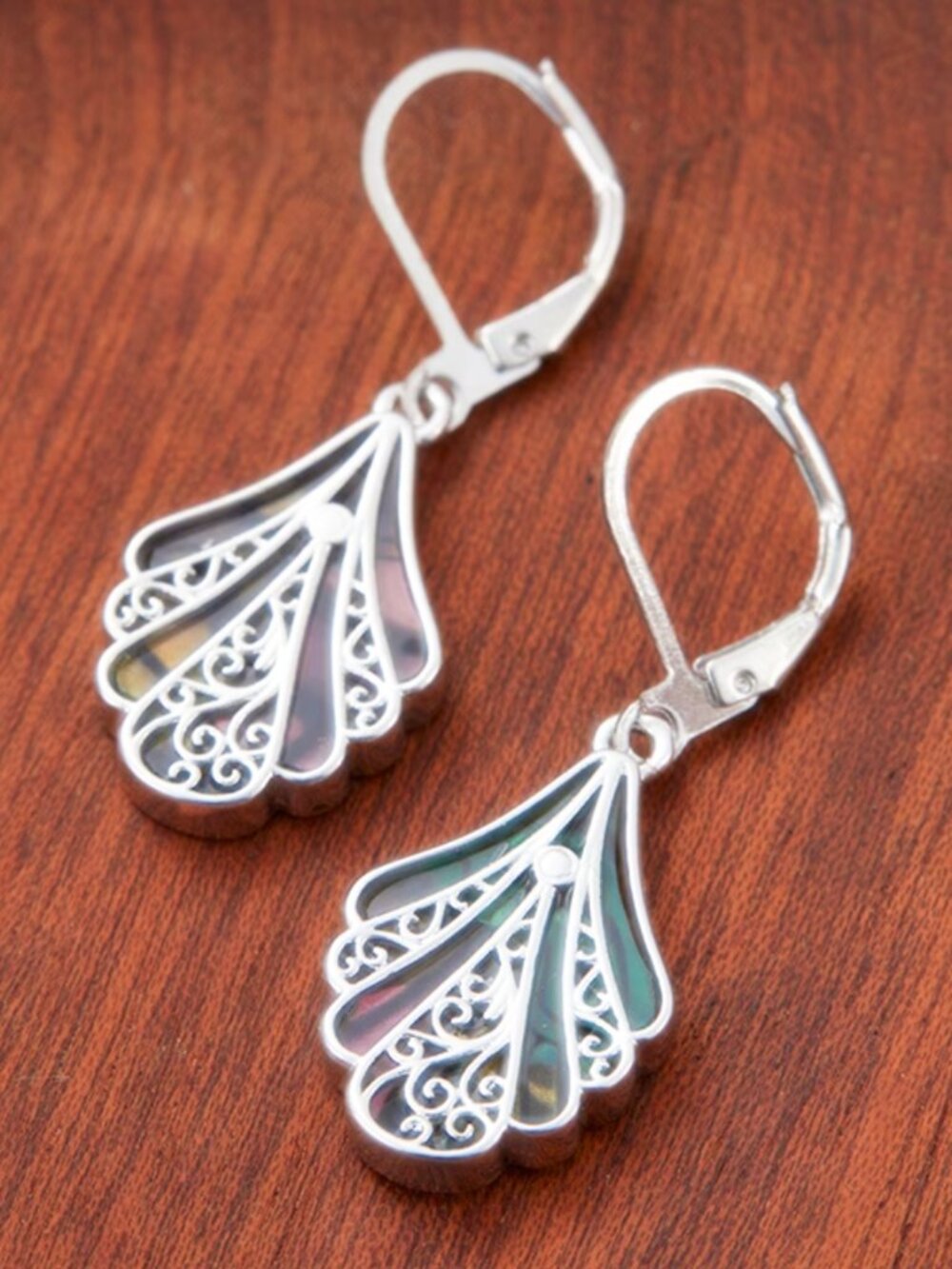 Boho Chic Silver Abalone Shell Dangle Earrings Filigree Shiny & Lightweight